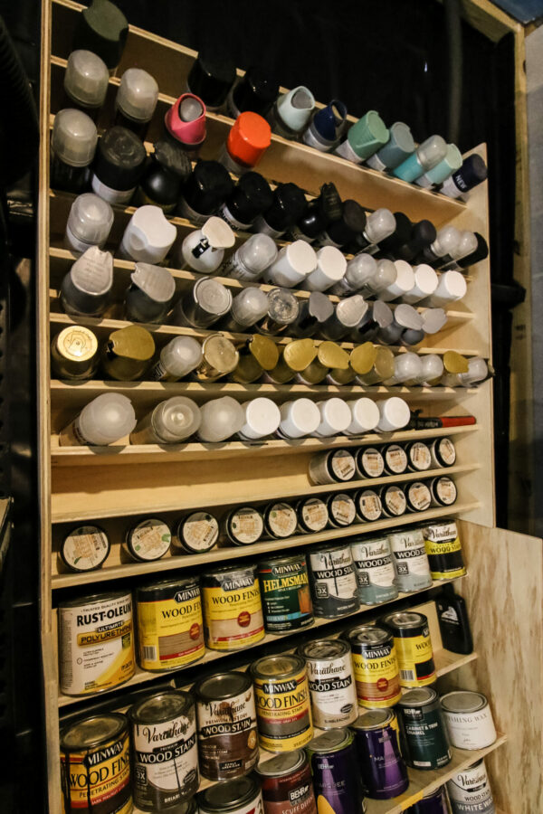 pair of paint storage shelves