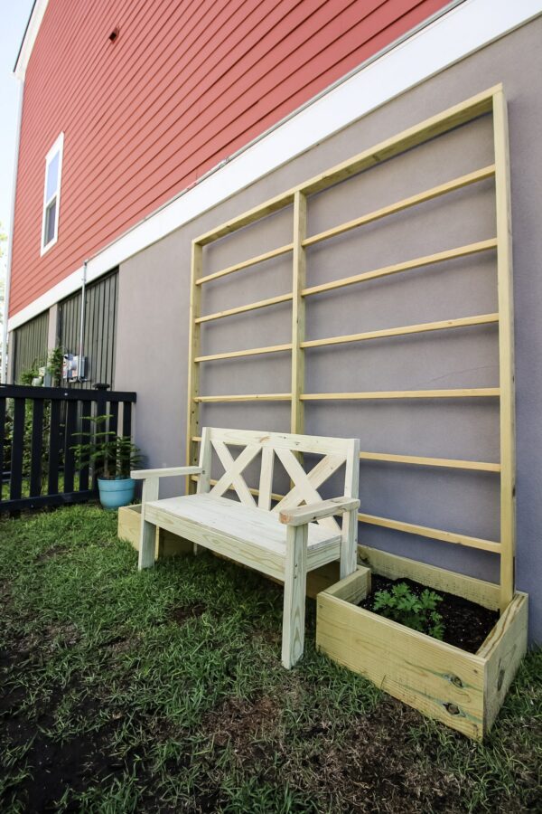 Raised Garden Bed with Trellis and bench
